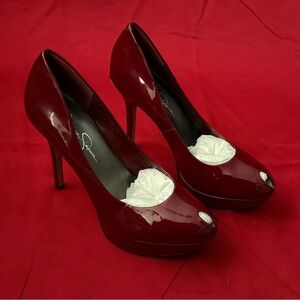 Elegant Burgundy Patent Leather Peep Toe Heels 8M